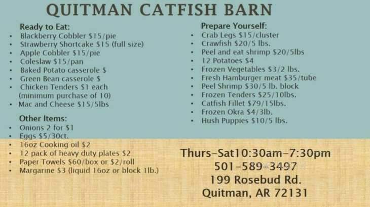Menu of Quitman Catfish Barn in Quitman, AR 72131