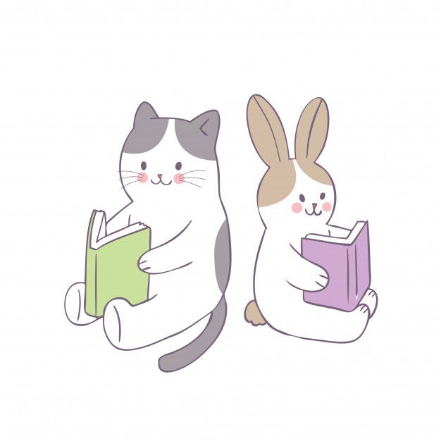 Cartoon Cute Cat And Rabbit Reading Book Vector. ในปี 2020