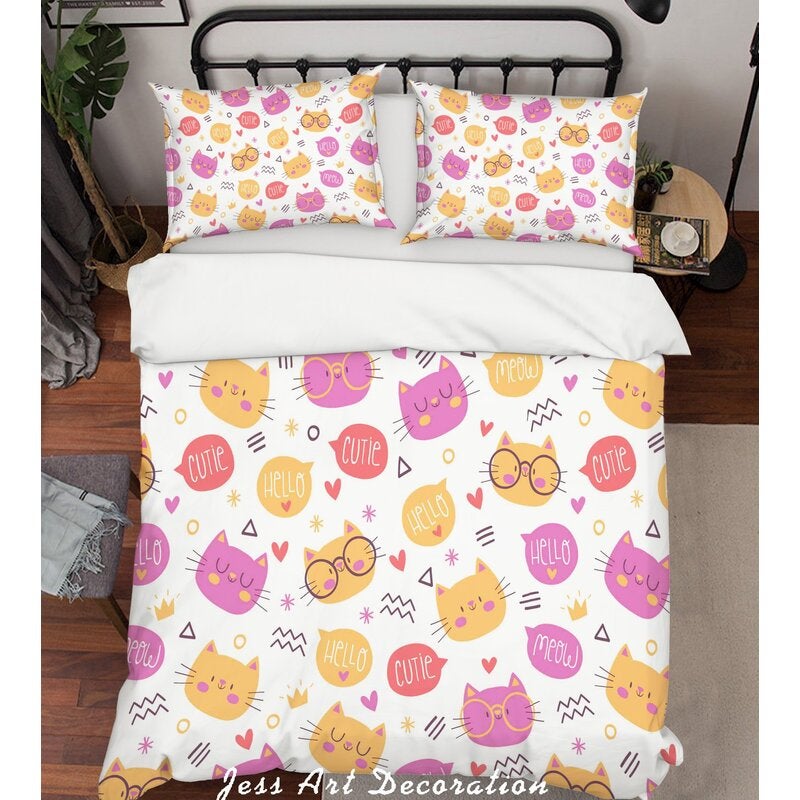 3D Cartoon Cat Pink Quilt Cover Set Bedding Set