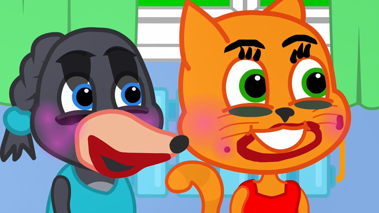 Cats Family in English Makeup on Funny Gremas Cartoon
