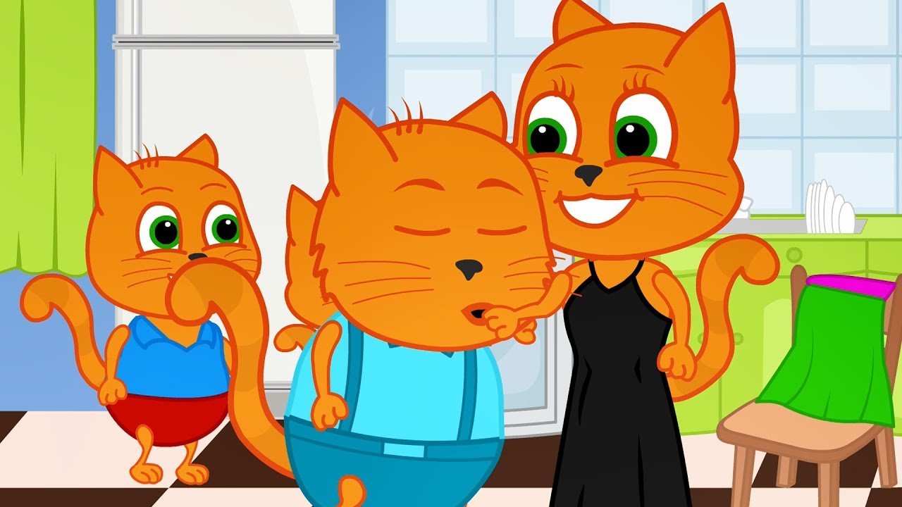 Cats Family in English Father Kisses Mommy Cartoon for