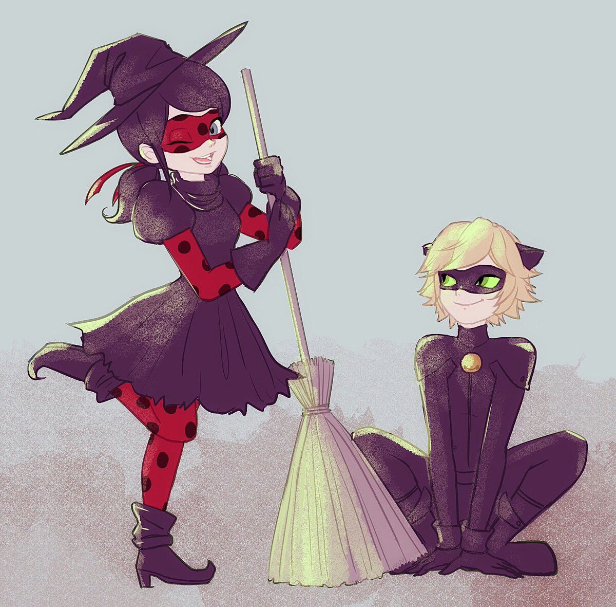Ladybug as a cute little witch with Cat Noir for Halloween