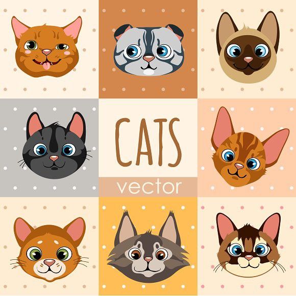 Set of 8 cartoon cat faces Cartoon cat, Cat face
