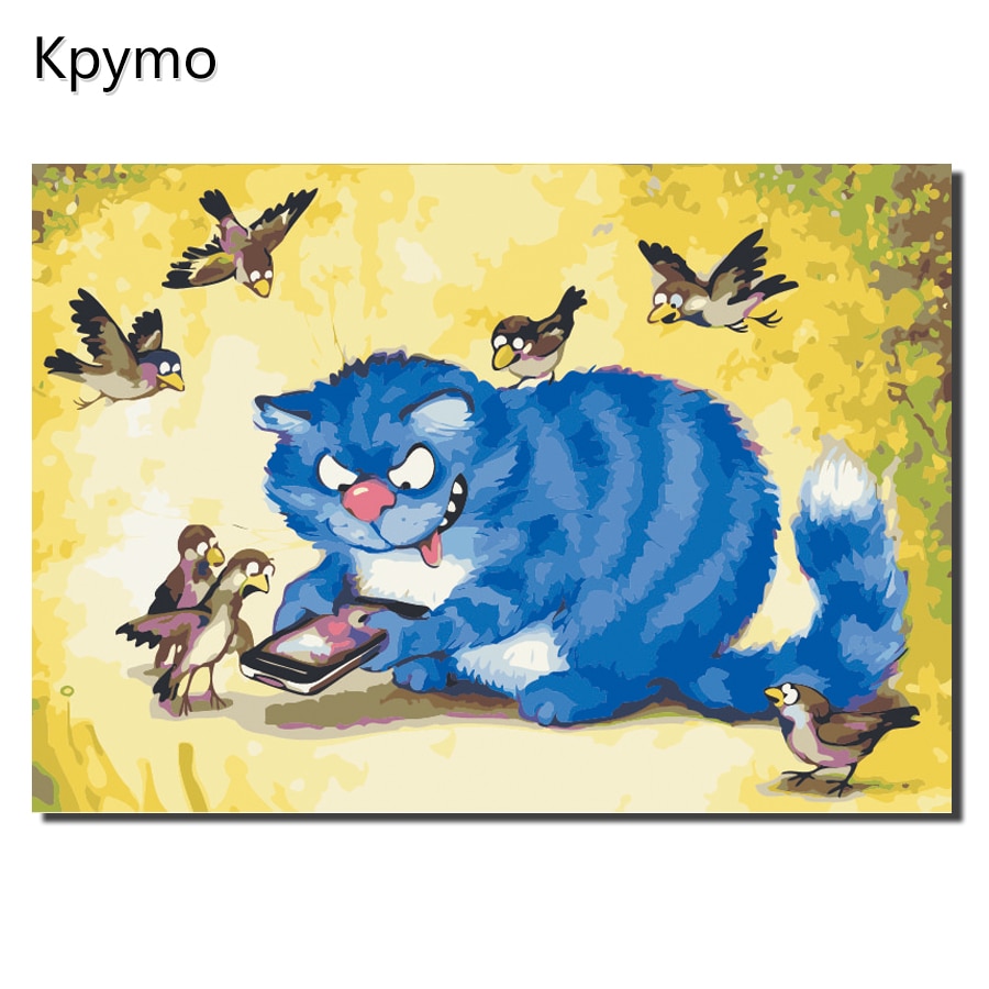 Kpymo Lovely blue Cat Painting Cartoon Painting By Numbers
