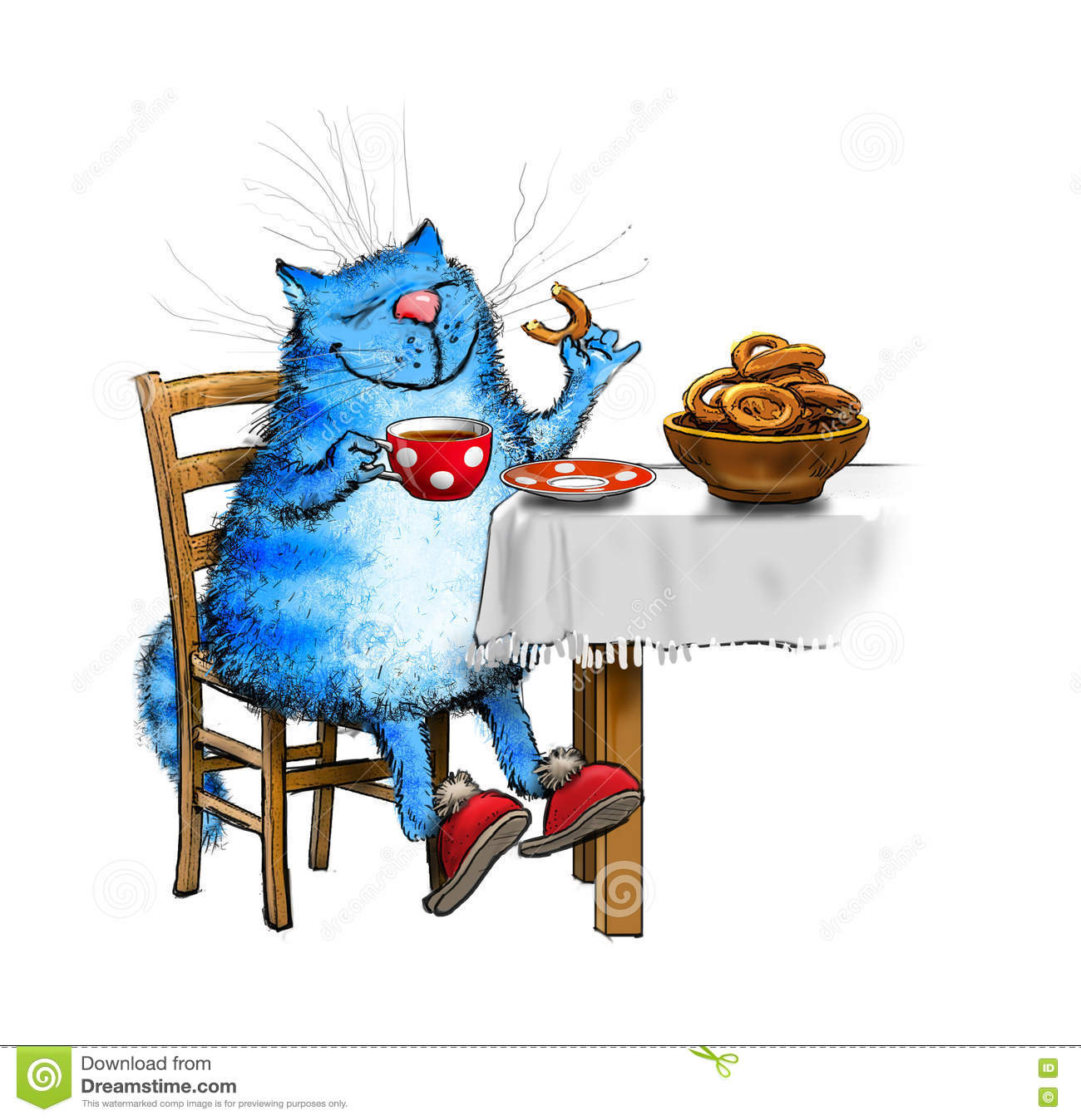 Blue cat drinking tea stock illustration. Illustration of