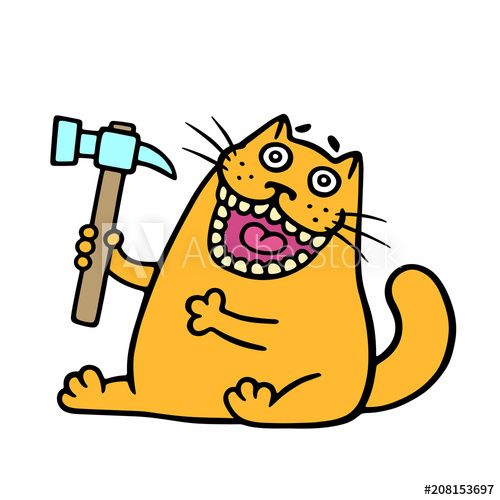 Cartoon orange cat holds a hammer. Vector illustration