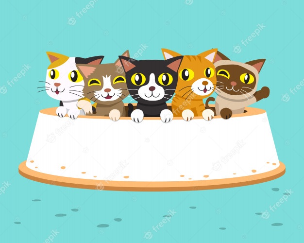 Cartoon cats with large feeding bowl Premium Vector