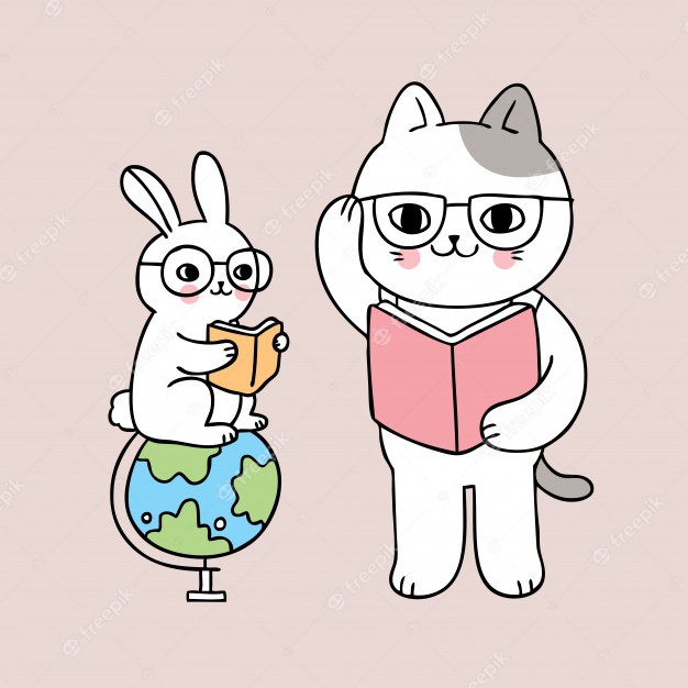 Cartoon cute back to school cat and rabbit reading book
