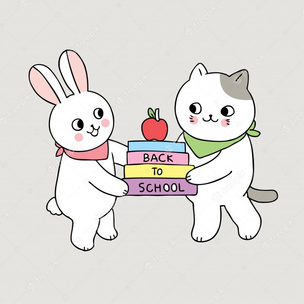 Cartoon cute back to school rabbit and cat hold a book