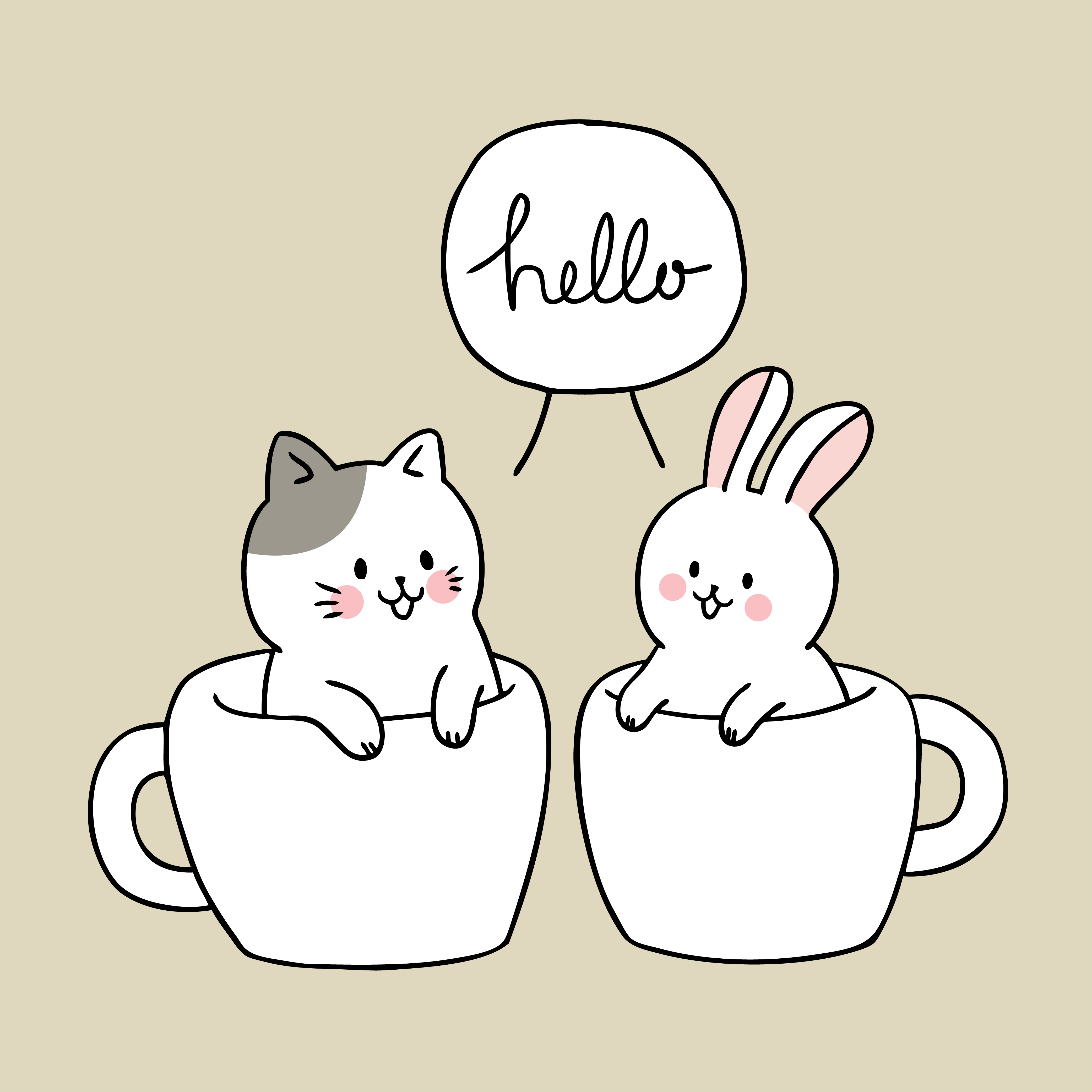 Dibujos animados lindo gato y conejo en taza de café