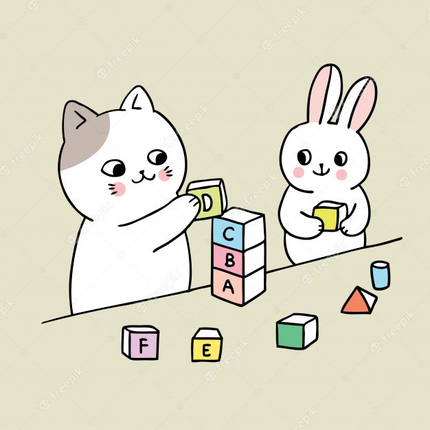 Cartoon cute cat and rabbit playing . Premium Vector