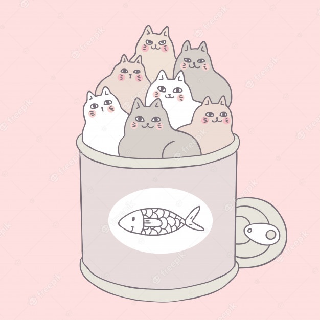 Cartoon cute cats and food can. Premium Vector