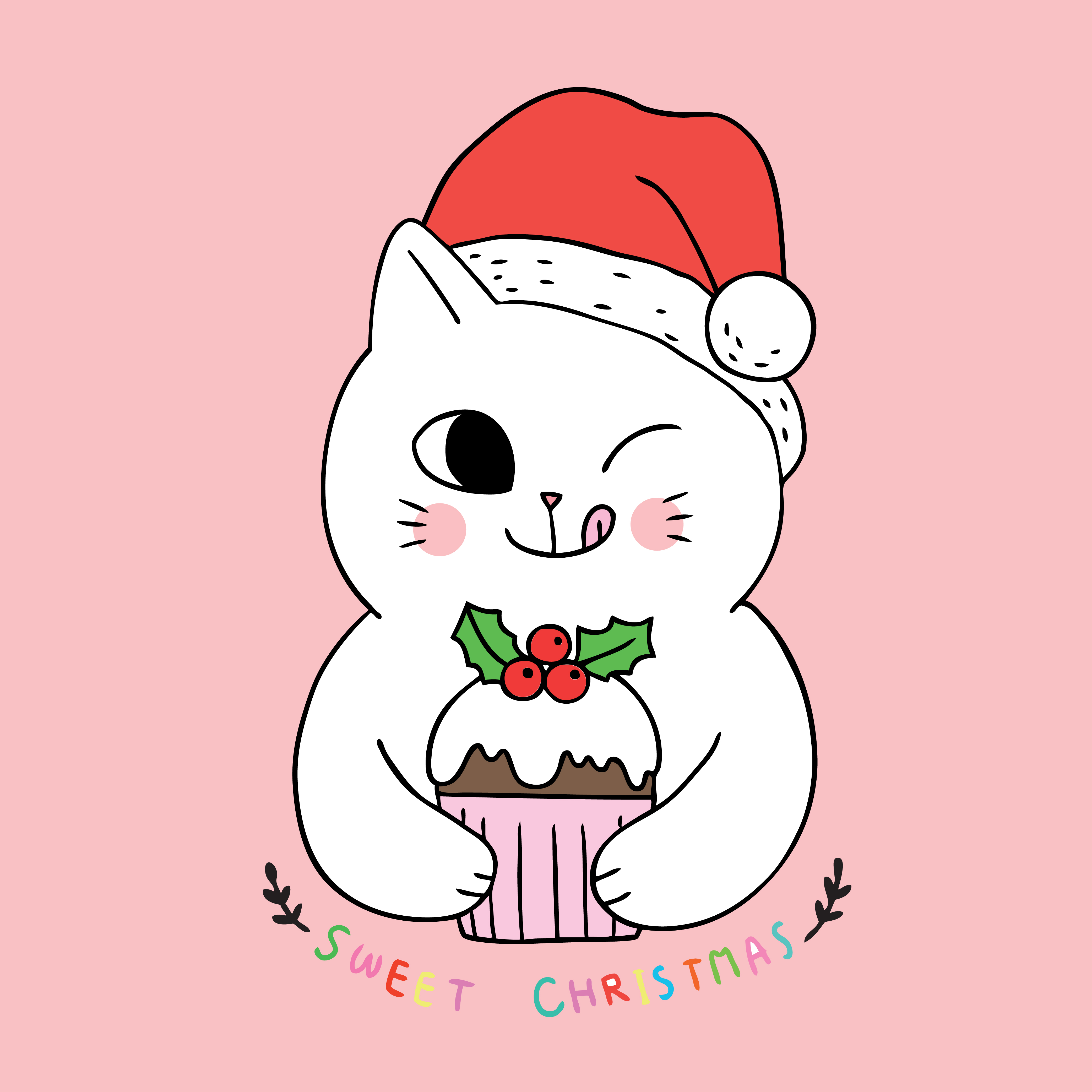 Cartoon cute Christmas cat eating cupcake 680393 Vector