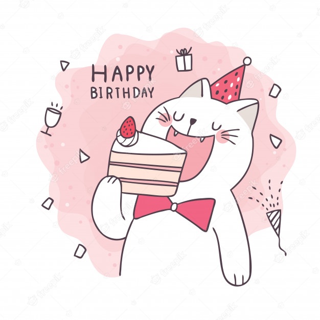 Premium Vector Cartoon cute draw cat eating cake, happy