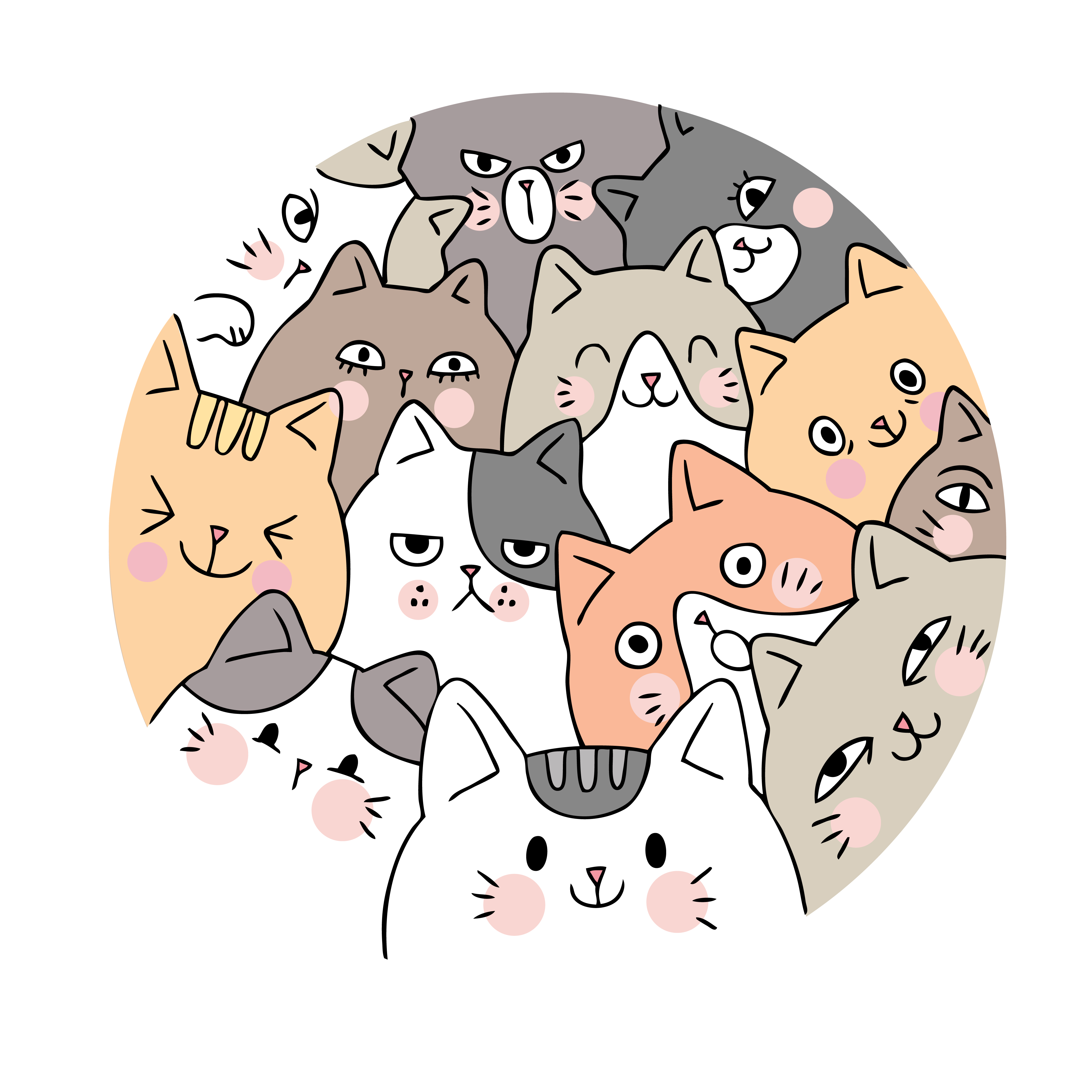 Cartoon cute face cats vector. Doodle circle frame. 621690