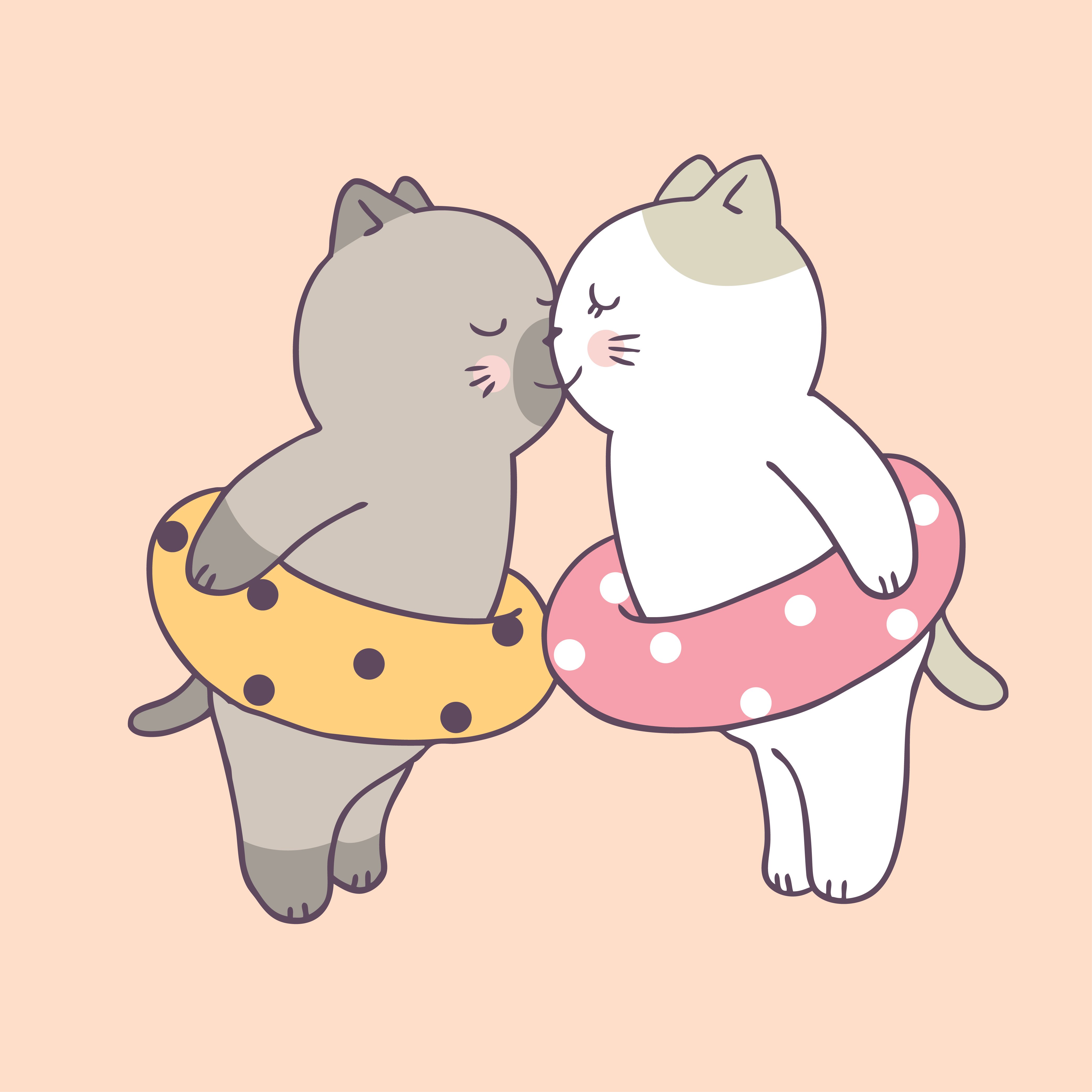 Cartoon cute summer couple cats kissing vector. Download