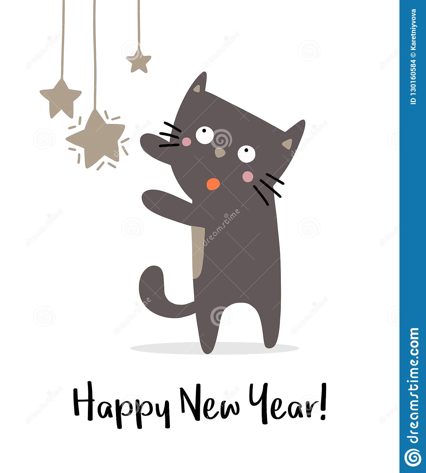 Happy Cute Cat With New Year Stars. Holiday Winter Animal
