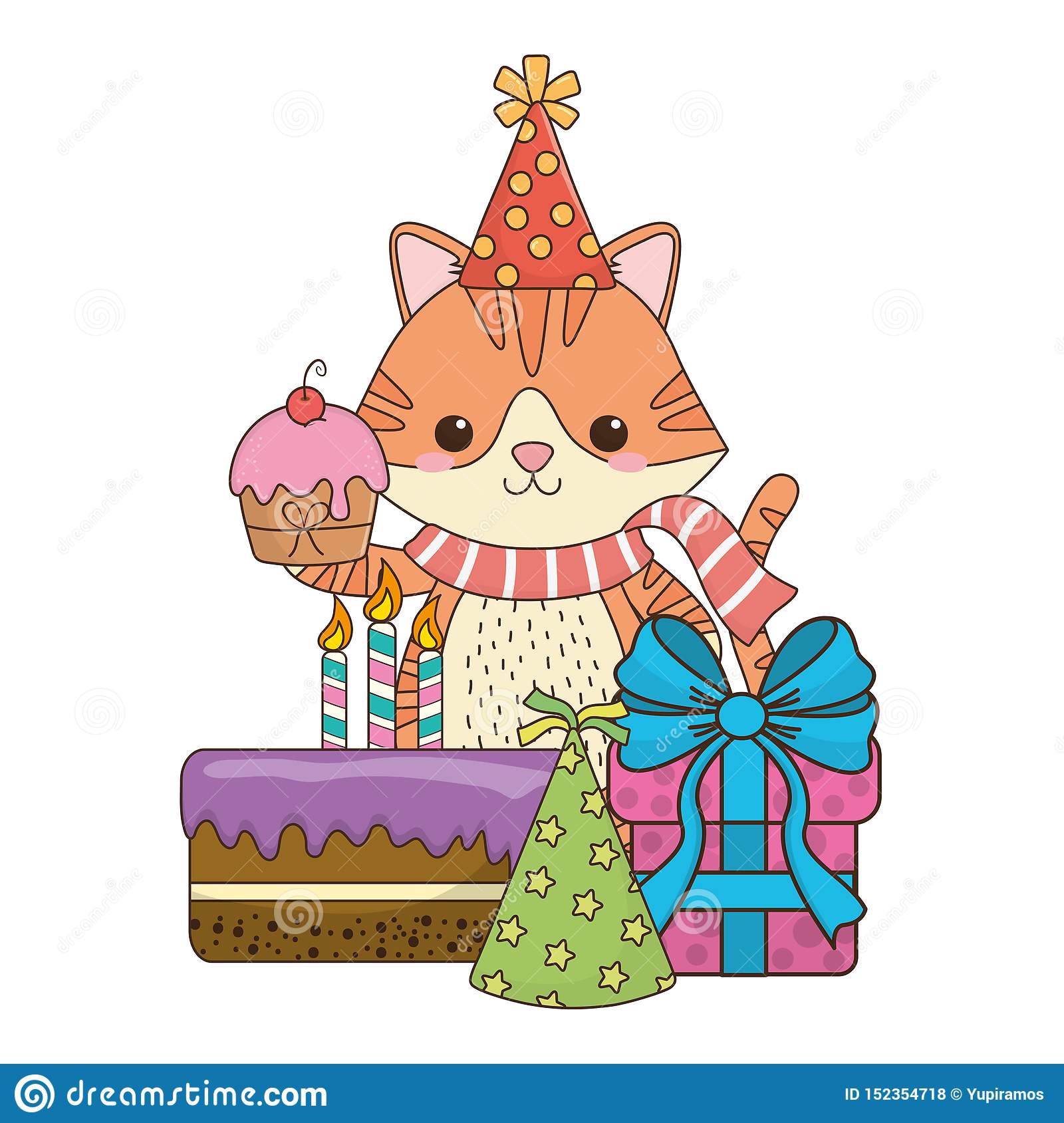 Cat Cartoon With Happy Birthday Icon Design Stock Vector