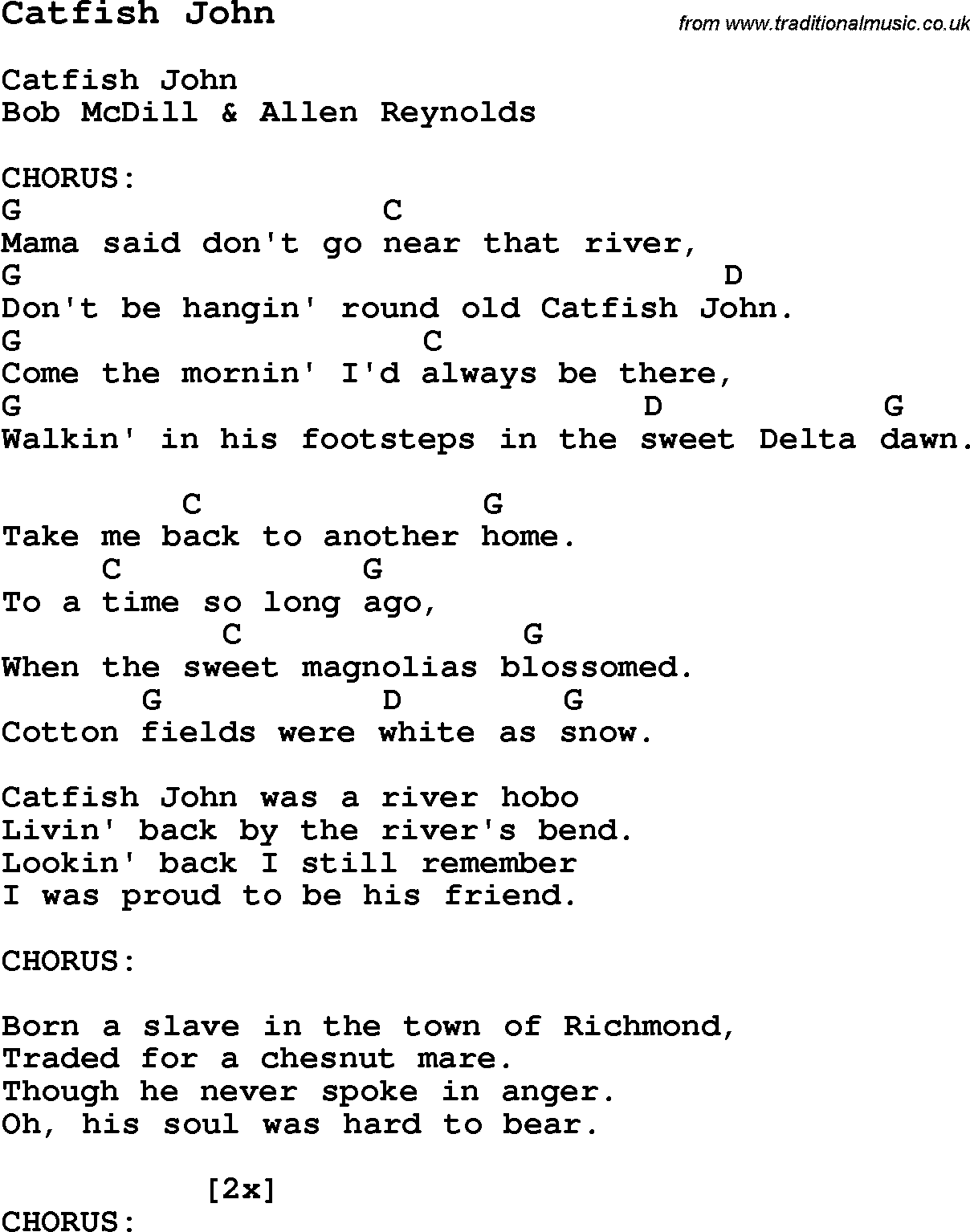 Traditional Song Catfish John with Chords, Tabs and Lyrics