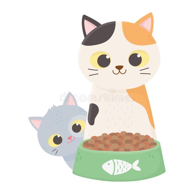 Cats Make Me Happy, Cute Cats With Bowl Food Cartoon Stock