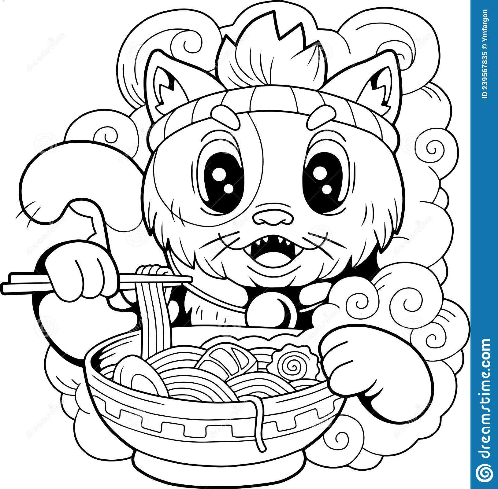 Cartoon Cat with Ramen Noodles, Outline Illustration Stock