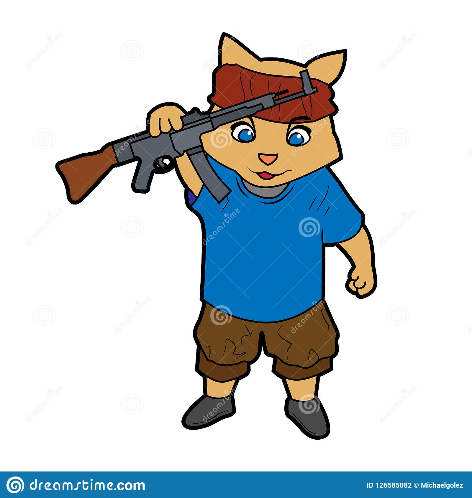 Cat Holding A Gun Cartoon Character Illustration Stock