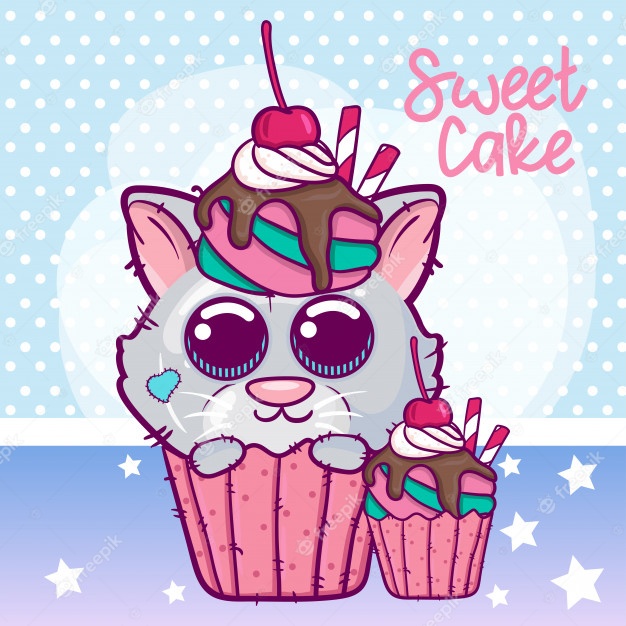 Cute cartoon kitten with a sweet cake Vector Premium