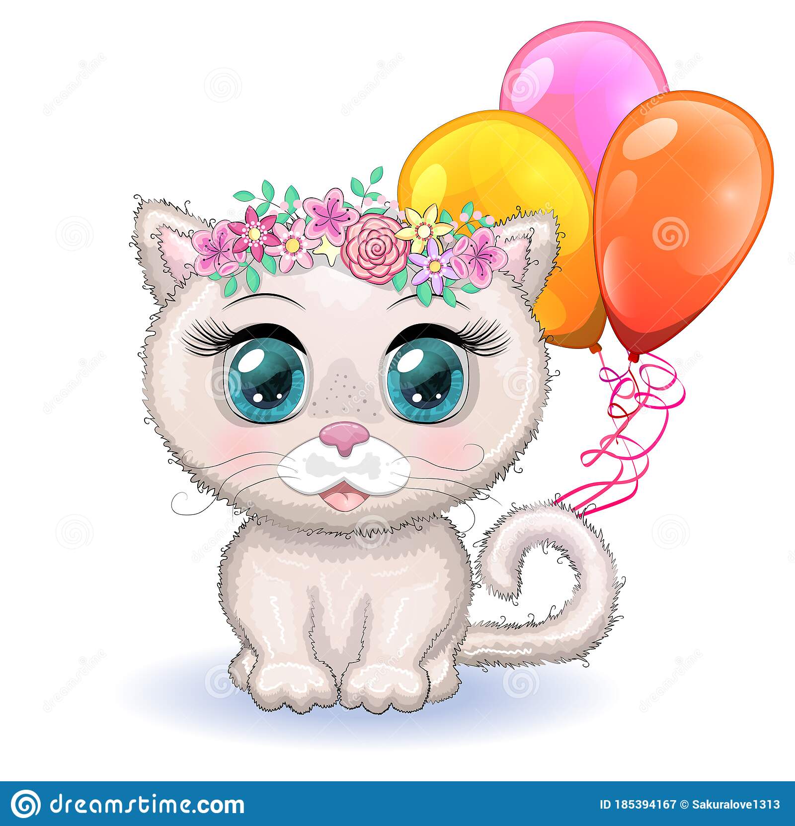 Cute Cartoon Pink Cat, A Kitten On A Background Of Flowers
