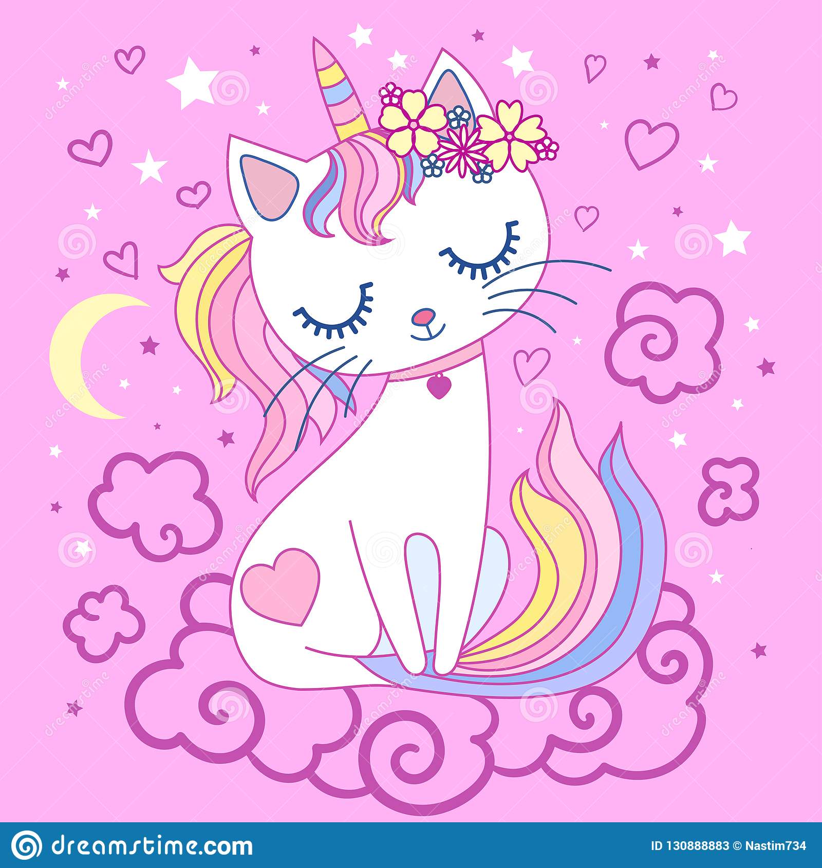 Cute, Cartoon, Rainbow Cat Unicorn On A Pink Background