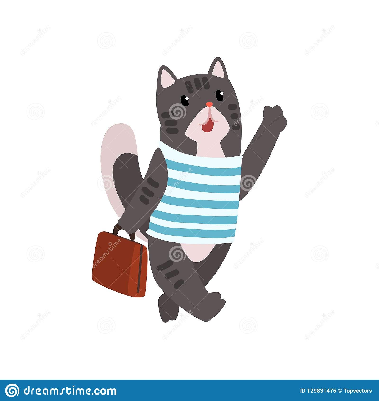 Cute Cat Animal Cartoon Character Traveling With Suitcase