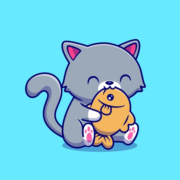 Free Vector Cute cat eating fish cartoon vector