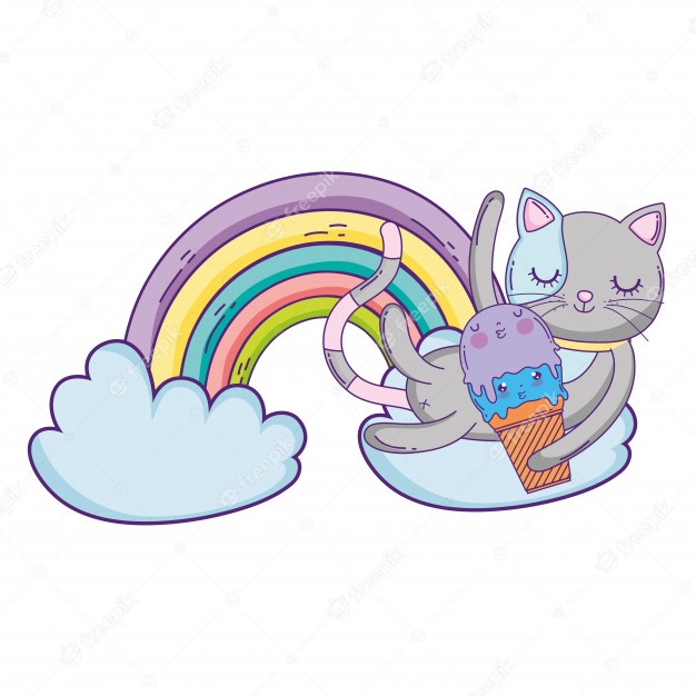 Cute cat with ice cream in rainbow Premium Vector