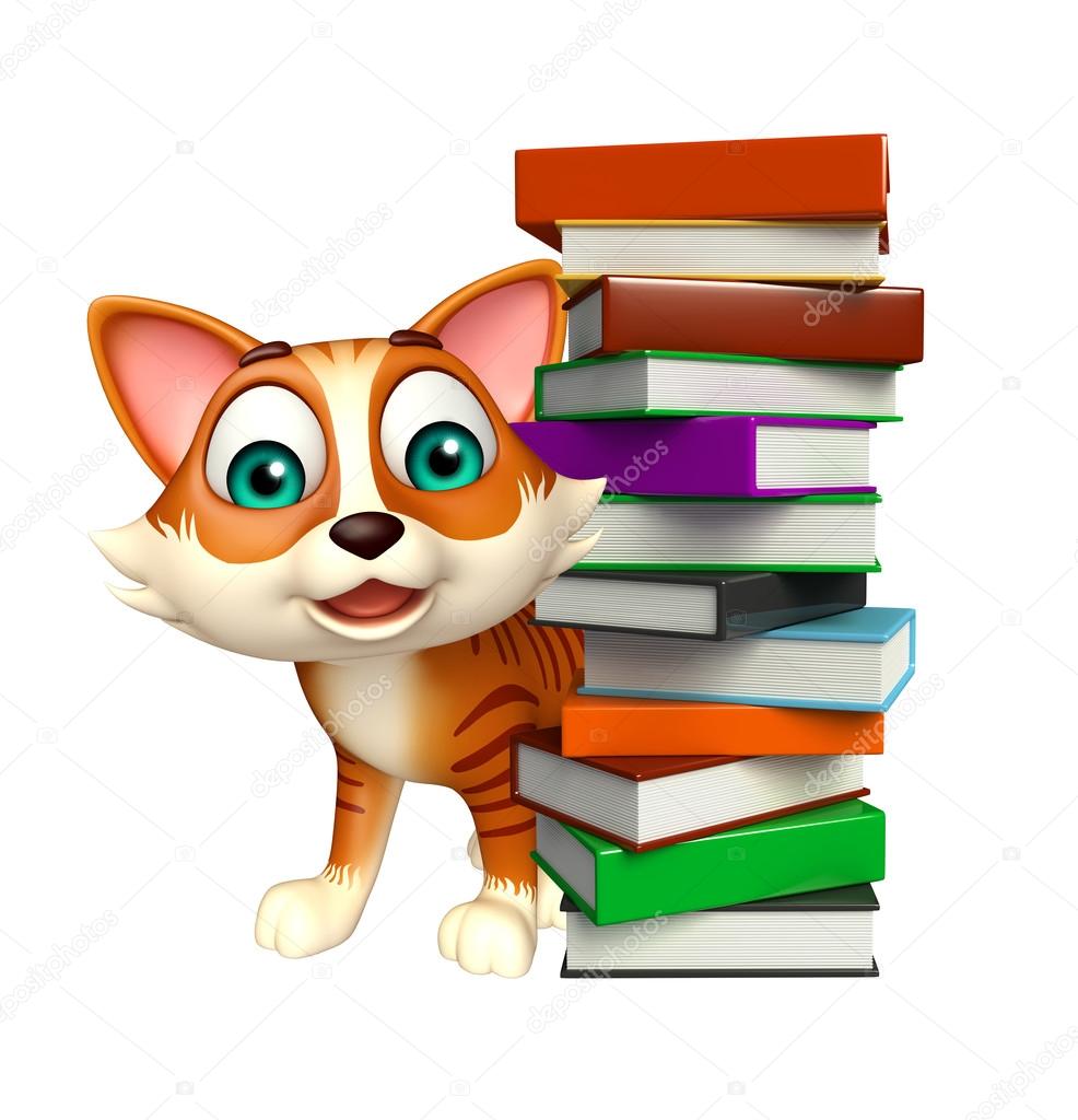 Cute cat cartoon character book stack — Stock Photo