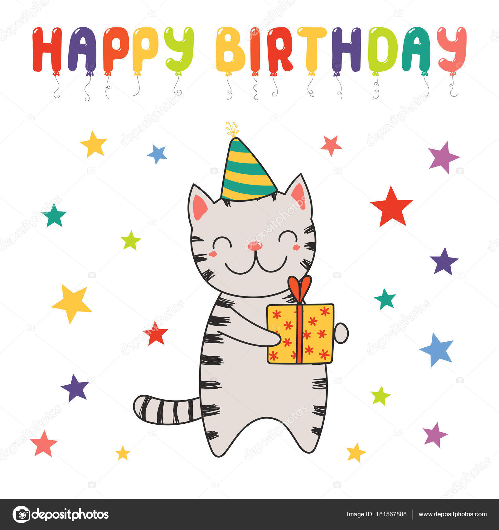 Happy Birthday Greeting Card Hand Drawn Cute Funny Cartoon