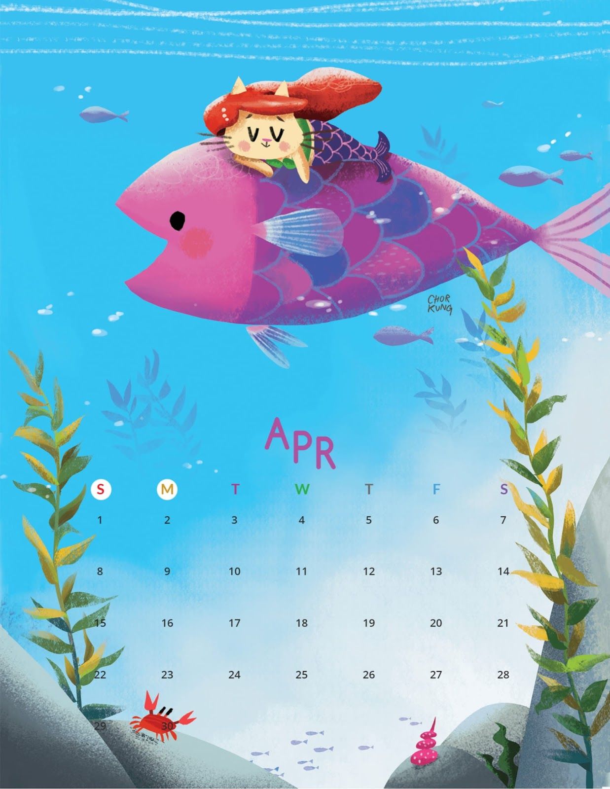 Cartoon Cat April 2018 Calendar with Monday as the first