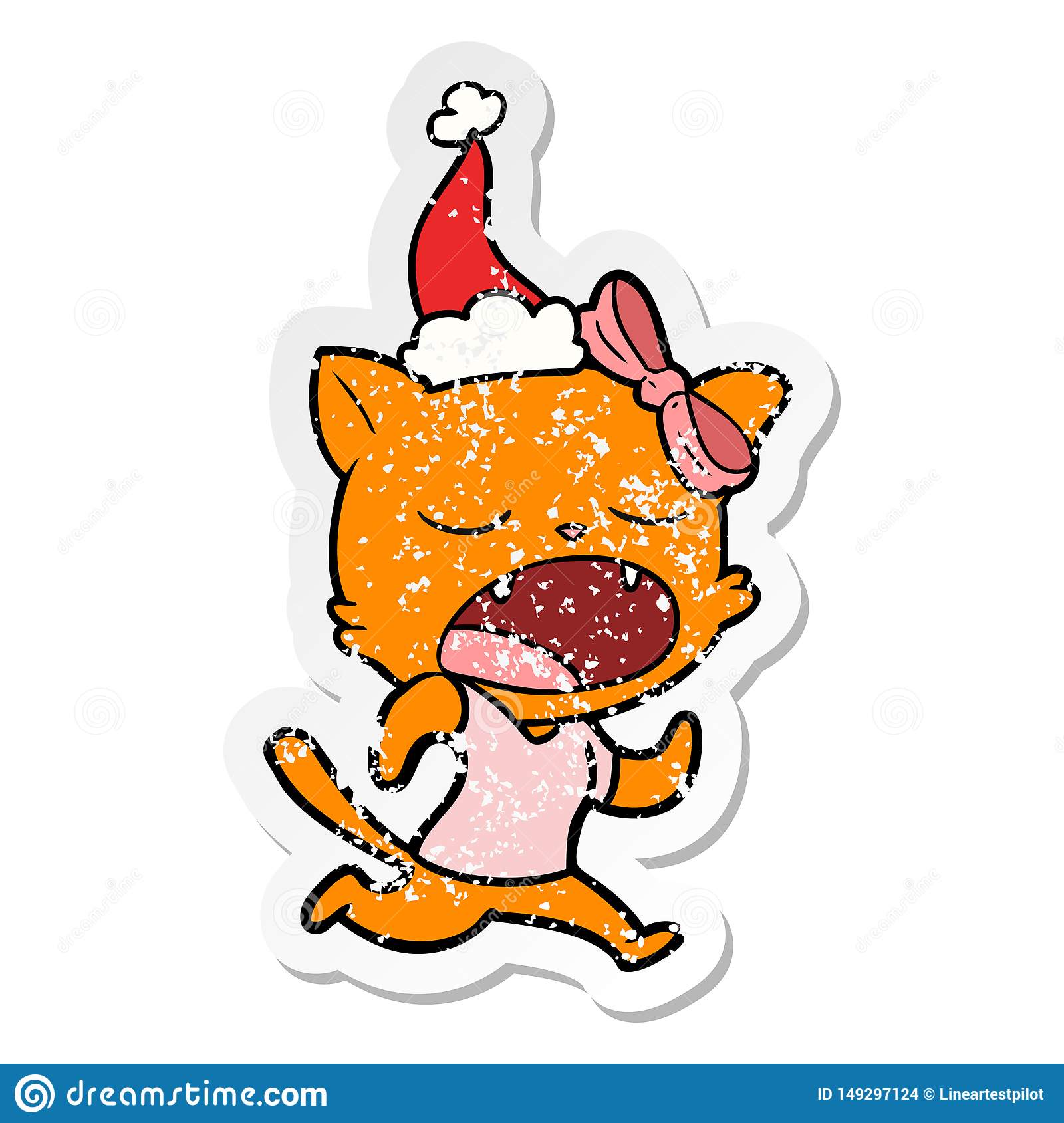 Distressed Sticker Cartoon Of A Yawning Cat Wearing Santa