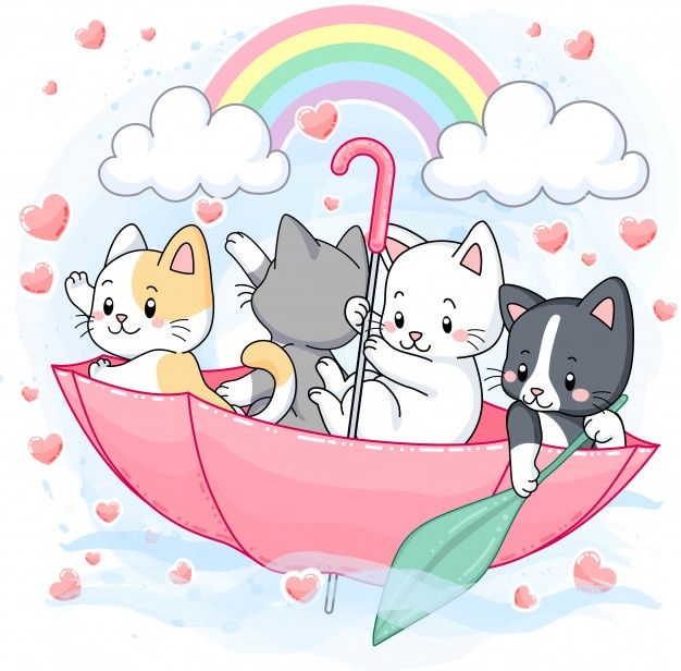 Cute Pastel Kittens, Umbrella With Rainbow Cute cartoon