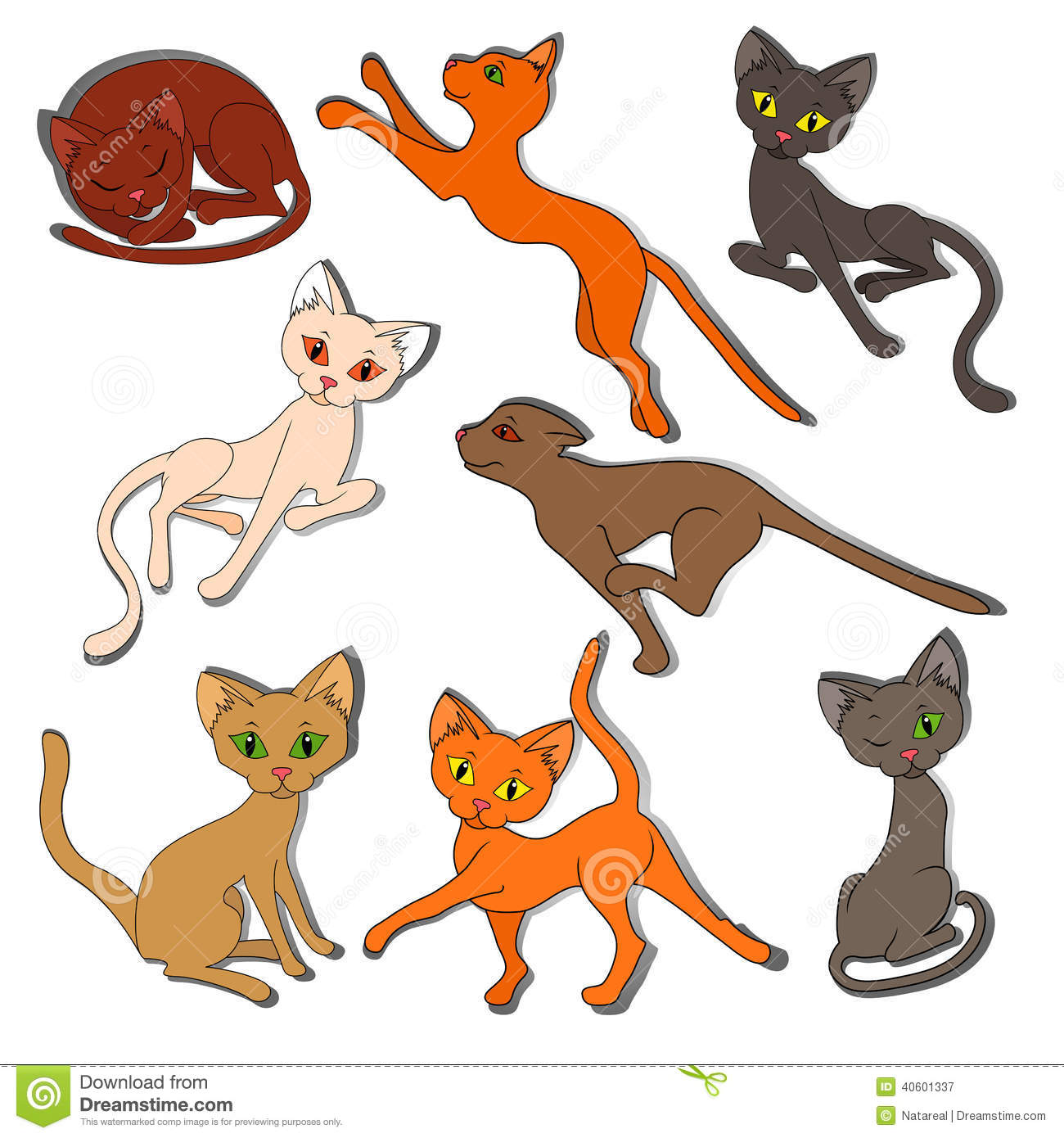 Eight Colorful Funny Cats On A White Background Stock