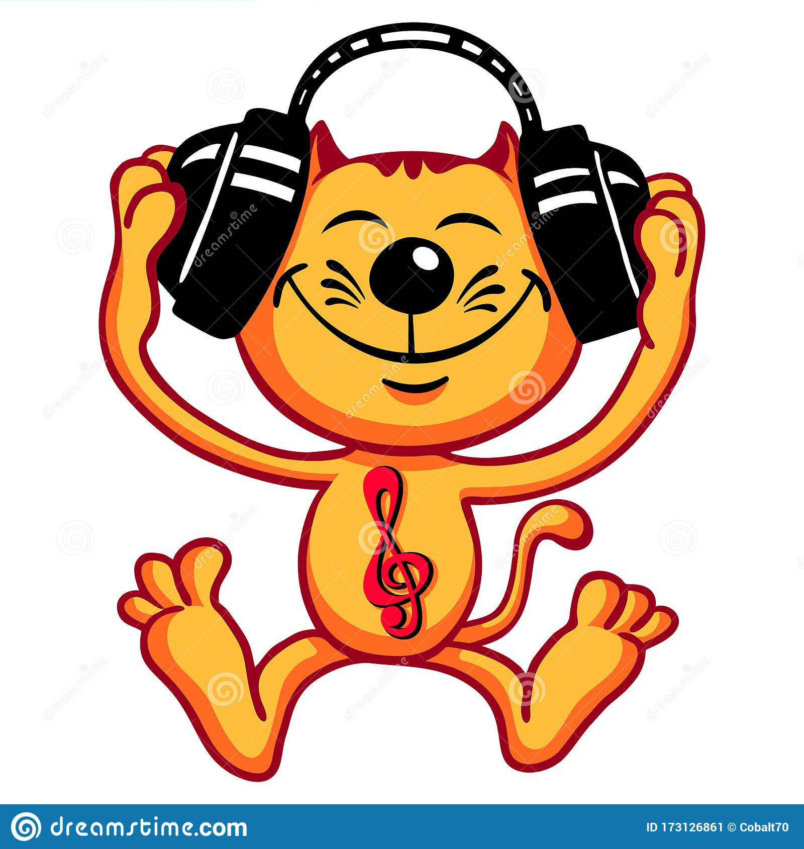 Funny Cartoon Catmusic Lover Listens To Music With