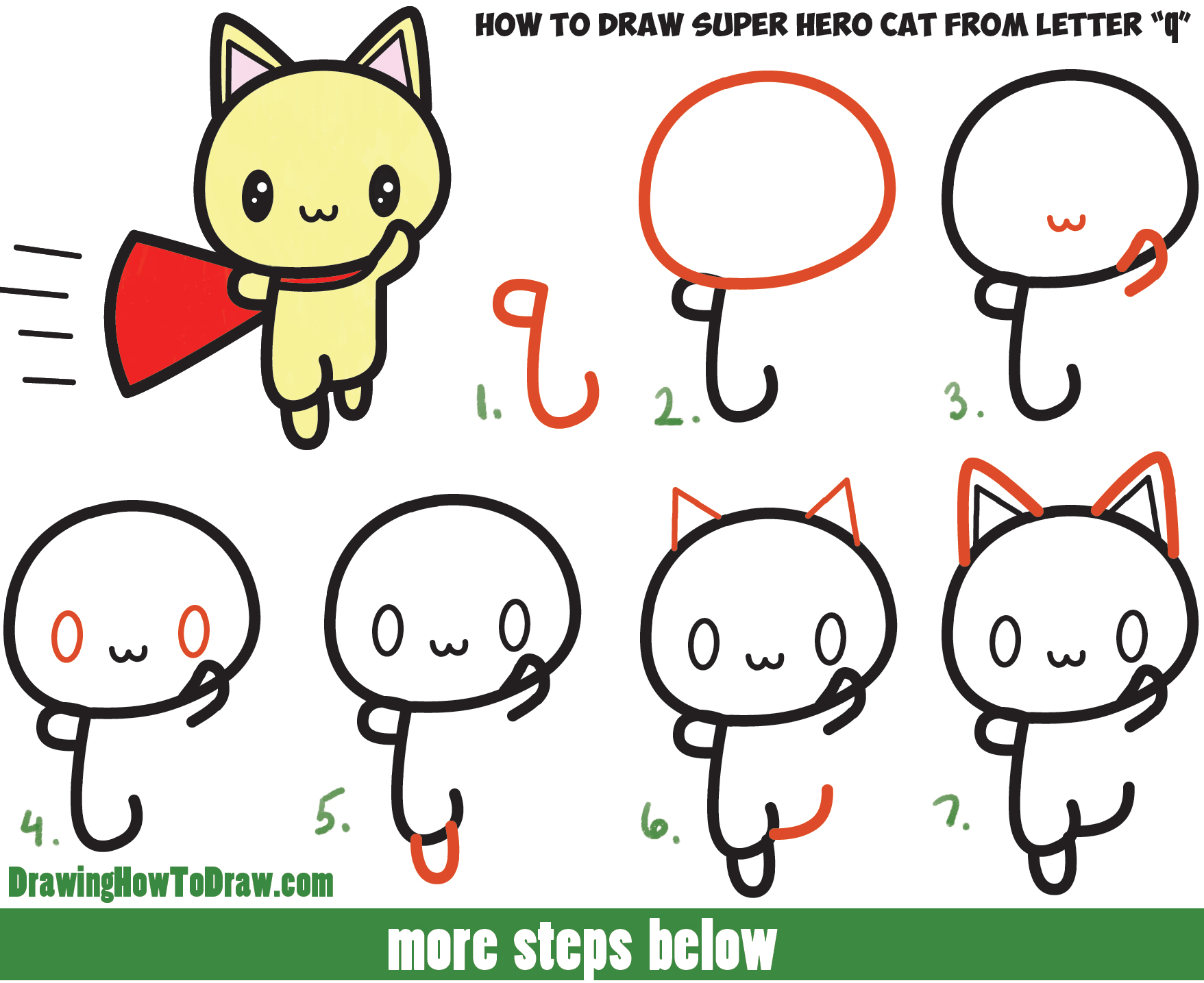 How to Draw a Cute Cat Super Hero (Kawaii) with Easy Step