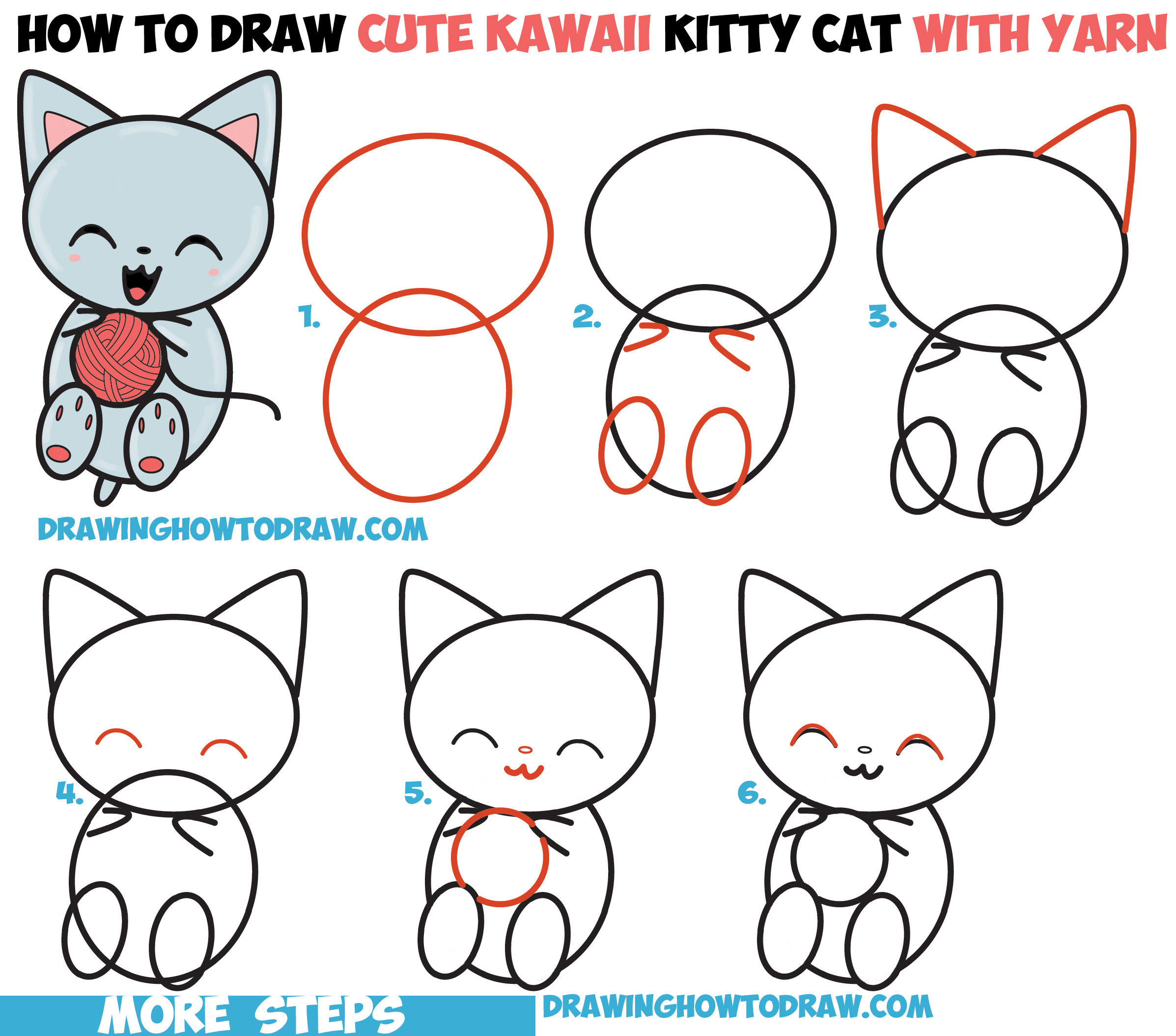 How to Draw Cute Kawaii Kitten / Cat Playing with Yarn