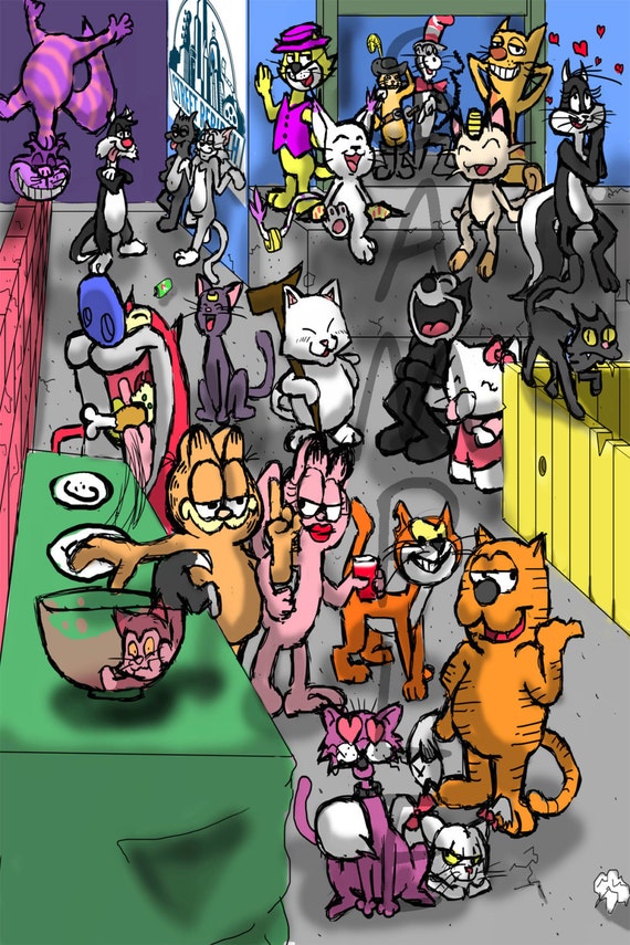 ALL Cartoon Cats MashUp STICKER 90s Art