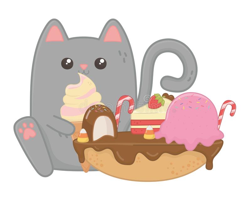 Kawaii Of Cat Cartoon With Cake Design Stock Vector