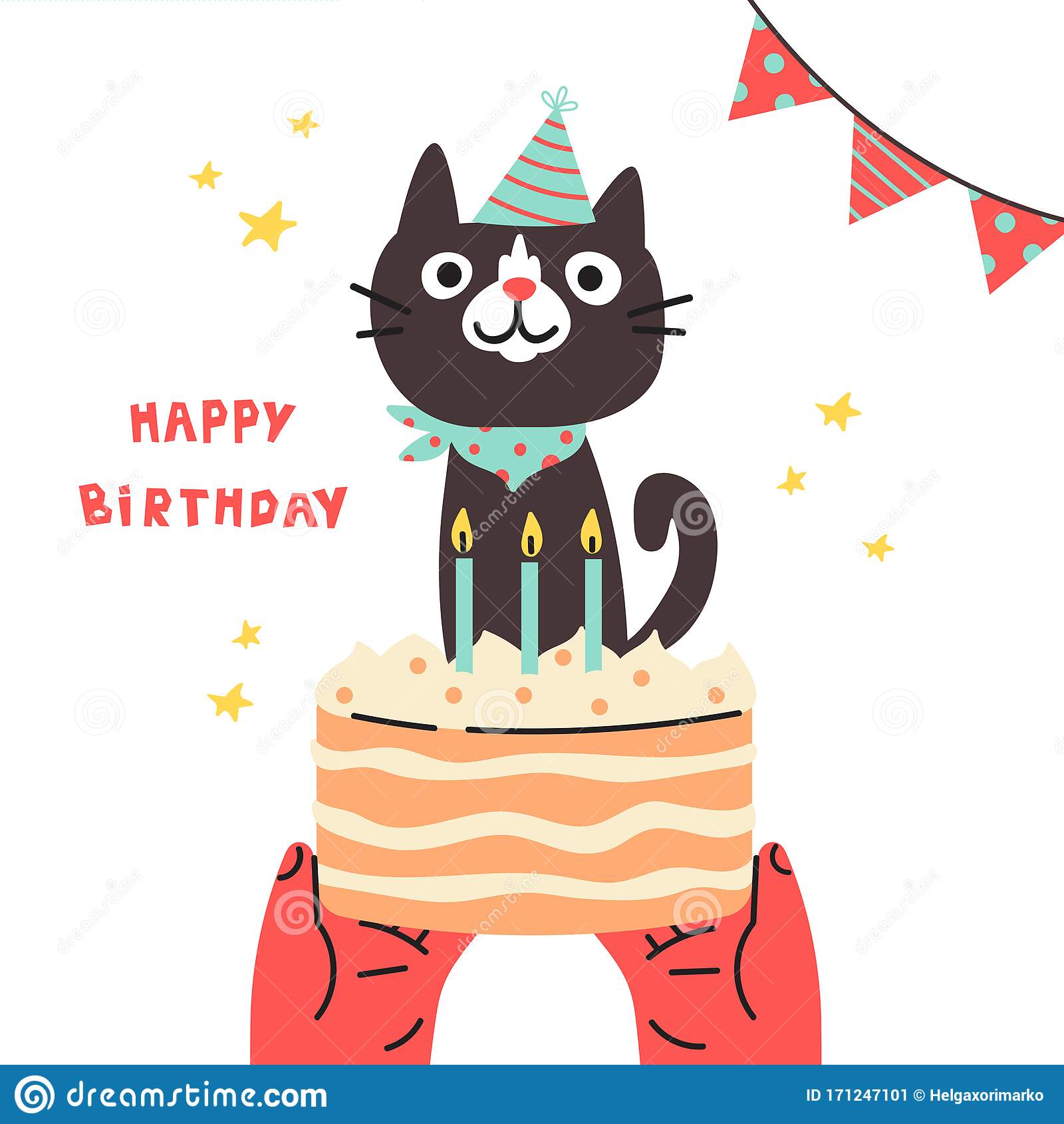 Pet Birthday Party.Cat In Festive Cap.Cartoon Stock
