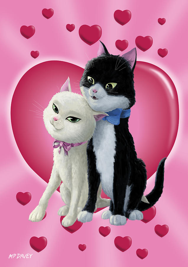 Romantic Cartoon cats on Valentine Heart Digital Art by
