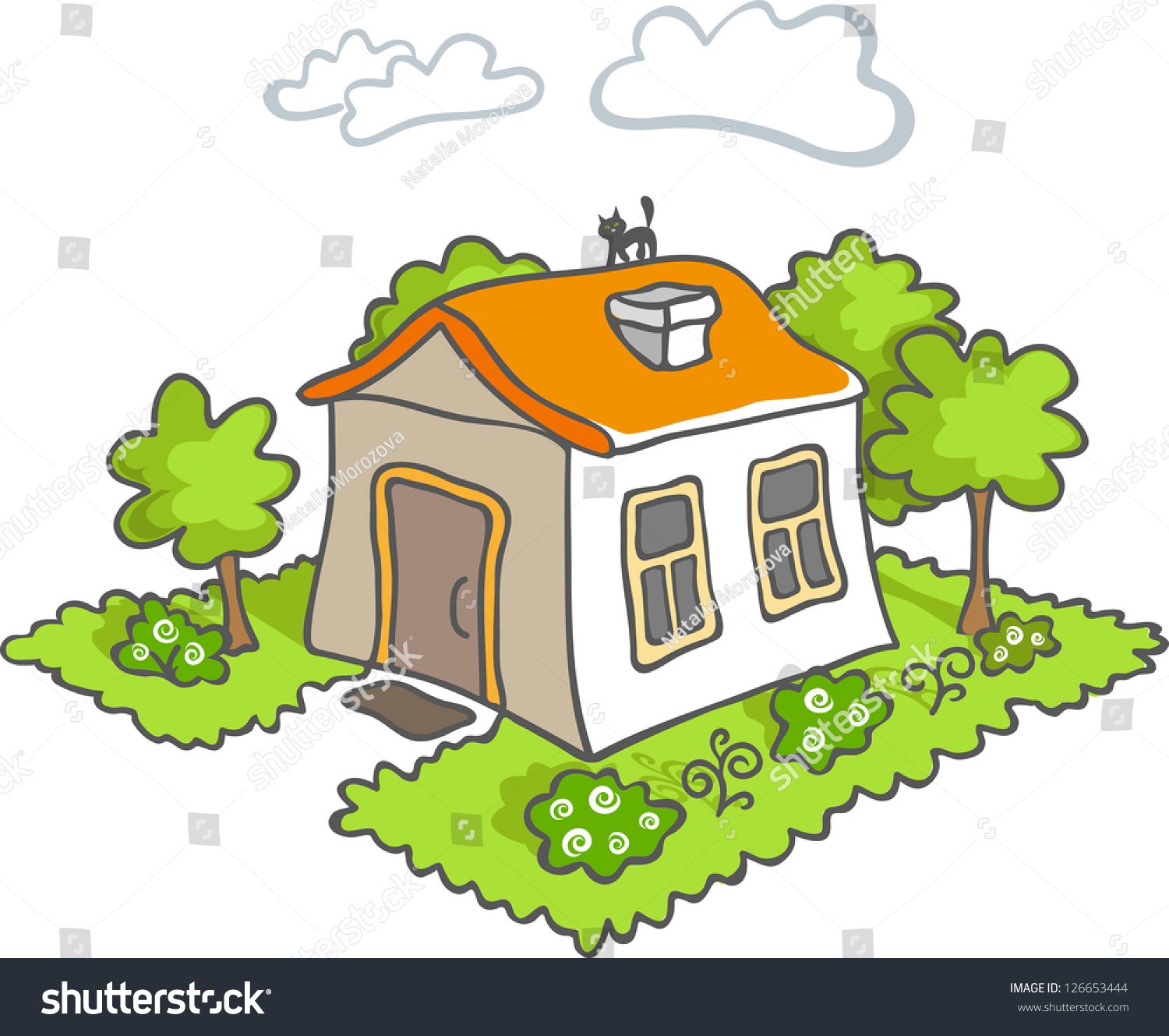 Funny Cartoon House Icon. Green Tree. Black Cat On The