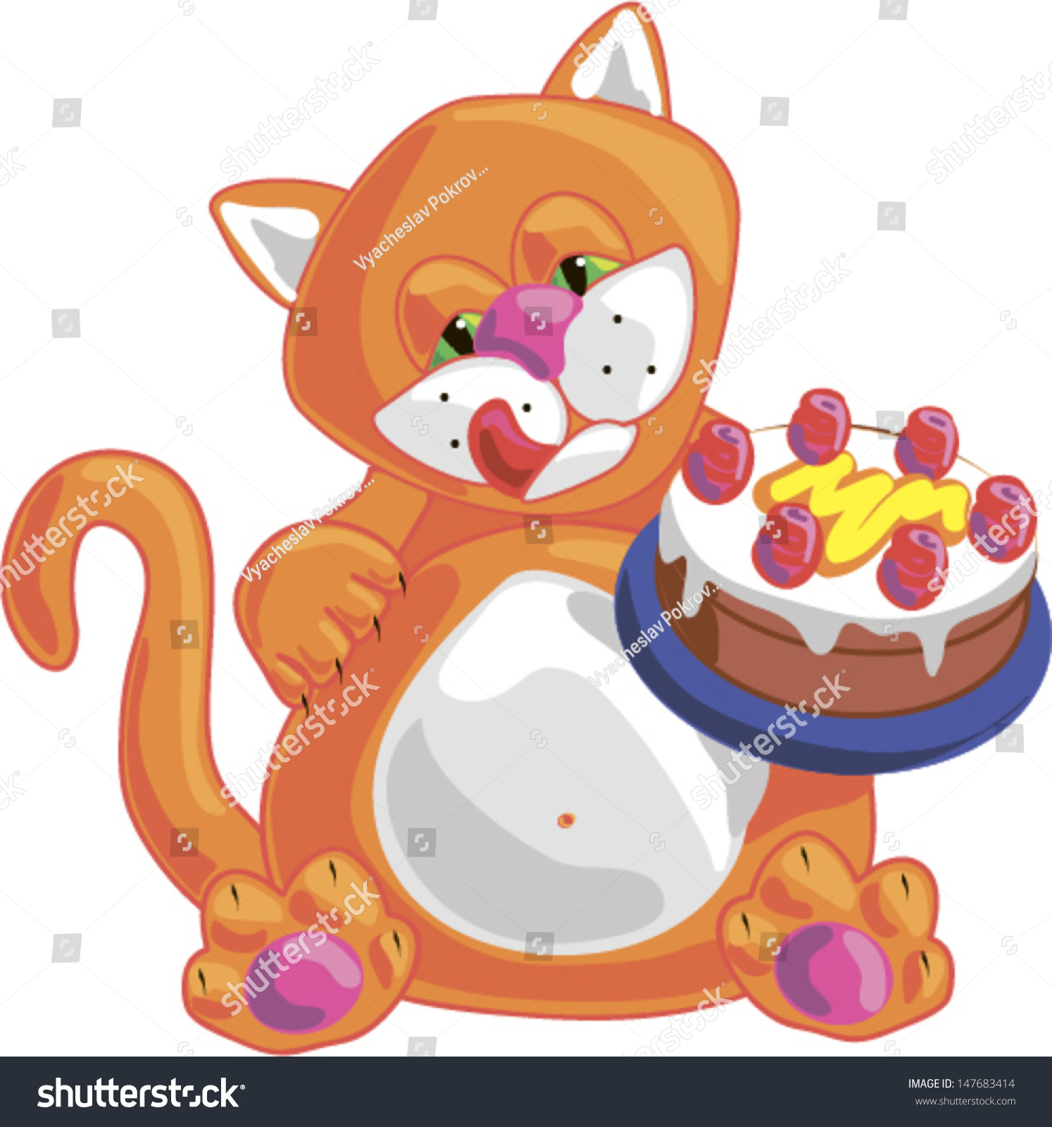 Birthday Card Funny Cartoon Cat Cake Stock Vector