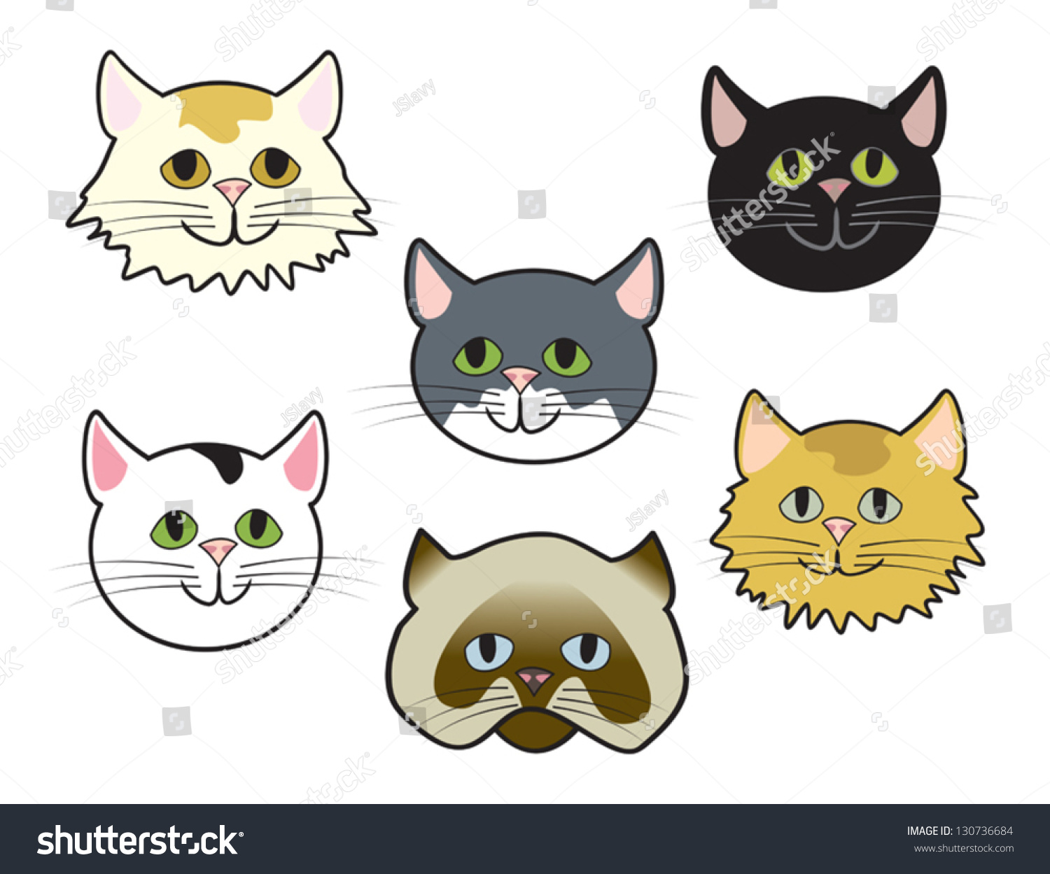 Six Cute Cartoon Cat Faces Various Stock Vector 130736684